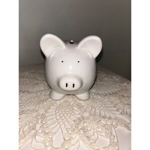 White Ceramic Piggy Bank with Butterflies Bees Flowers and Ladybugs 5 Inch